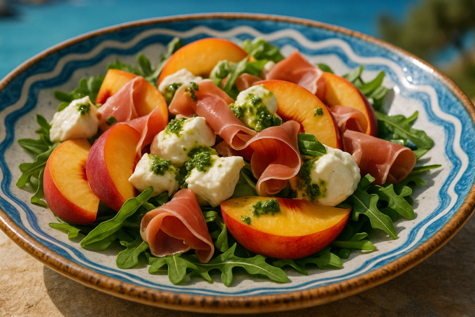 Broskvový salát s prosciuttem, čerstvou mozzarellou a bazalkovou zálivkou