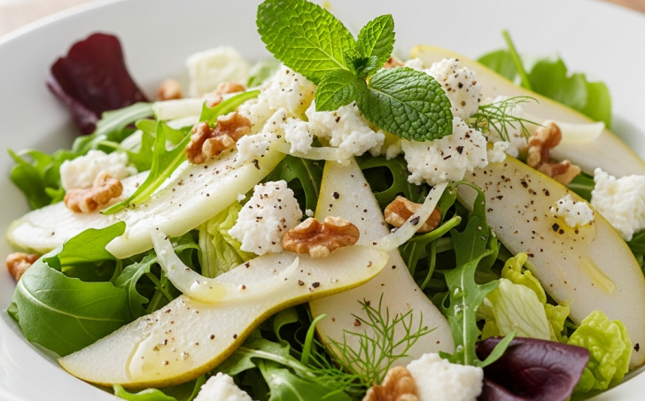 Salát z hrušek a fenyklu s fetou a vlašskými ořechy