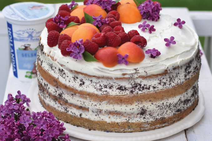 Makový dort s jogurtovým krémem ,malinami a meruňkami.