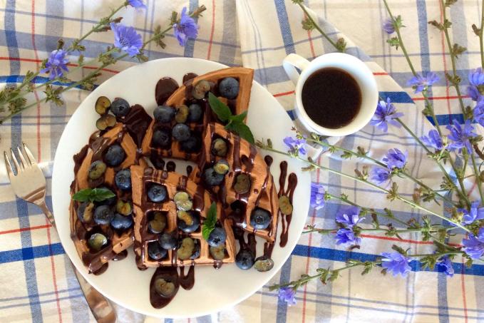 Perníkové nízkosacharidové vafle s čokoládovou omáčkou a borůvkami