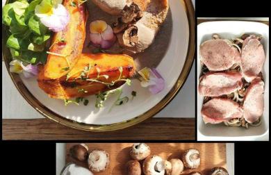 Vepřová pečeně s houbovou omáčkou a batáty