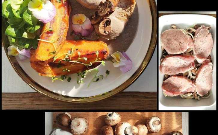 Vepřová pečeně s houbovou omáčkou a batáty