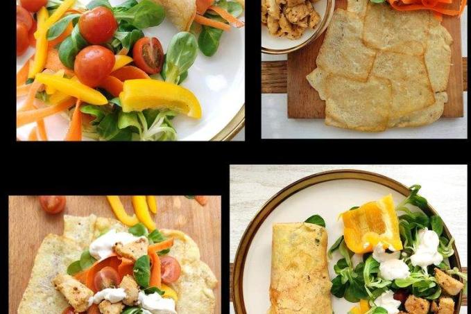 Sýrová tortilla plněná kuřecím masem, zeleninou a česnekovým dresinkem