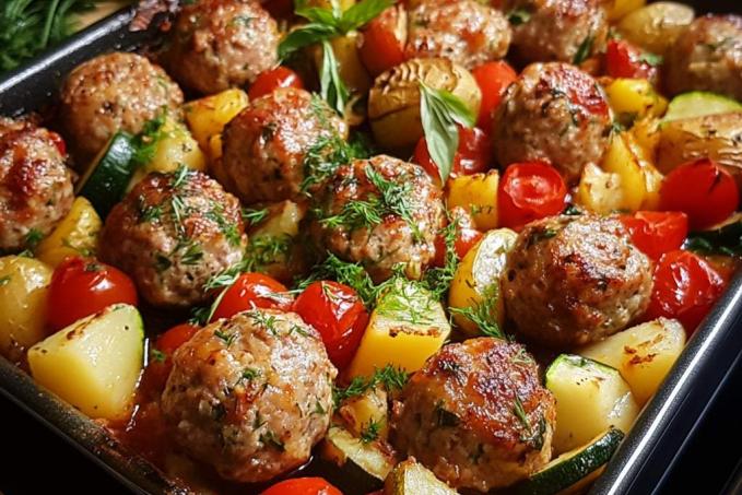 Krůtí kuličky se zeleninou a bramborem z jednoho pekáče