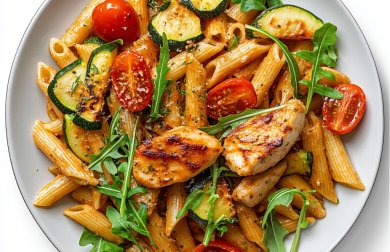 Těstoviny z červené čočky s kuřecím a zeleninou