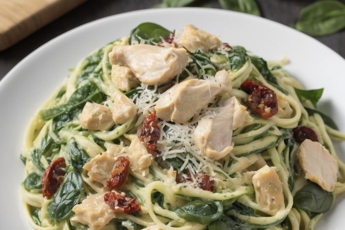 Cuketové nudle s kuřecím masem, sušenými rajčaty a mascarpone