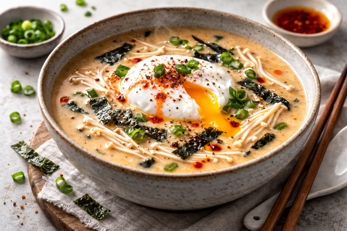 Krémová miso polévka s bílými fazolemi, vejcem a enoki