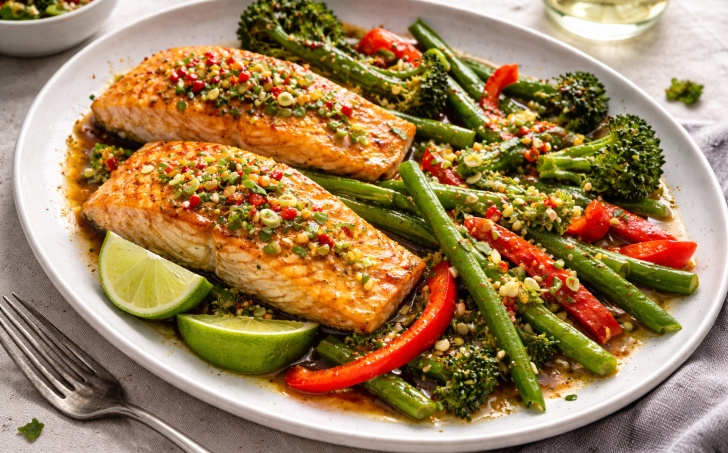 Losos na plechu se sójovou omáčkou, chilli a limetou