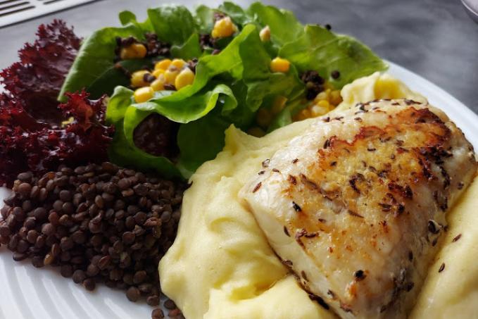 Candát filet s černou čočkou, kukuřicí a salátem