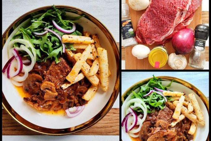 Roštěná na cibuli a žampionech, celerové hranolky